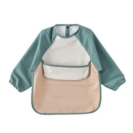 GZMM Waterproof Baby Bibs,Infant Toddler Long Sleeve Feeding Bib With Food Catcher,Wipe Clean & Washable(Green+grey+khaki)