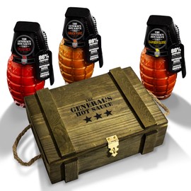 The General’s Hot Sauce Military-Inspired Ammo Crate Gift Box, 3 pack: Dead Red, Danger Close, Shock & Awe, Gourmet Hot Sauce Gift Set, 6oz Grenade-Shape Bottles, American-Grown Peppers, Veteran-Owned