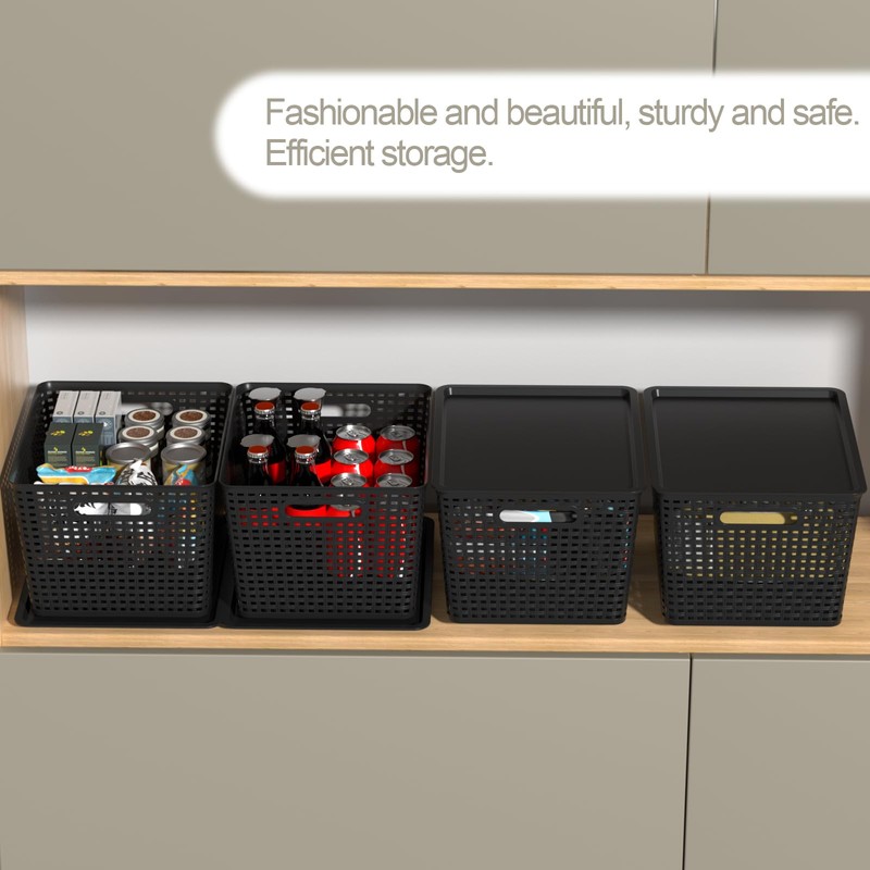 Morcte 6-Pack Black Stackable Plastic Storage Baskets with Lids