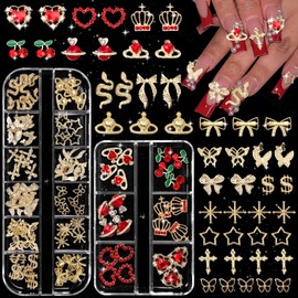 Gold Nail Charms, Cherry Crown Heart Snake Star Bow Butterfly Cross Dollar Sign Nail Y2k Charms, Luxury Golden Charms for Nail DIY Metal Nail Decoration