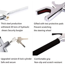Car Steering Wheel Lock, lootaan The Anti Theft Device for Cars, Universal Car Steering Wheel Lock, Adjustable Vehicle Anti-Theft Lock with 3 Keys and Safety Hammer Function