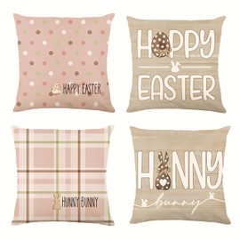 YEWCEP Pack of 4 Cushion Covers, 45 x 45 cm, Spring, Easter Decorative Cushion Cover, Easter Linen Decorative Cushion, Spring Happy Easter, Decorative Cushion Cover for Sofa