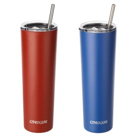 Ezprogear 34oz 2-pack Matte Stainless Steel Slim Tumbler Insulated W/Straws - Matte Cherry/Sapphire