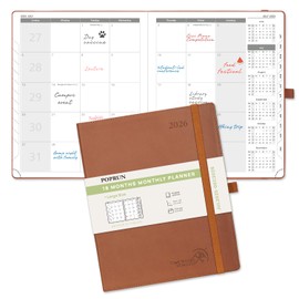 POPRUN Monthly Planner 2025-2026 (Large- 8.5" x 10.5" Soft Cover), 18-Month Calendar Book (Jul.2025-Dec.2026), Calendar Planner with Monthly Tabs & Pocket, 100 GSM Paper - Brown