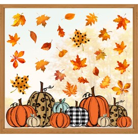 Whaline 138Pcs Thanksgiving Fall Window Clings Autumn Harvest Colorful Pumpkin Leaves Window Decals for Autumn Thanksgiving Home School Office Party Supplies Gifts