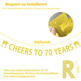 ALEGRE® Garland 70th Birthday Man Woman, Cheers to 70 Years Garland, 70th Birthday Decoration Banner, Decoration 70th Birthday Women Men, Gold Glitter Banner for 70th Birthday Decoration, Birthday