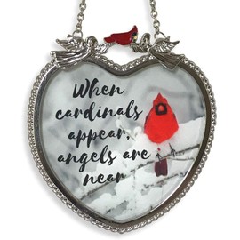 BANBERRY DESIGNS Memorial Cardinal Suncatcher - When Cardinals Appear Angels are Near Saying - Heart Shaped Glass Sun Catcher with Cardinals and Winter Scene…