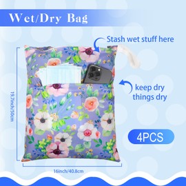 4 Bolsas Húmedas Impermeables Bolsa Seca Húmeda Lavable Sellada Reutilizable Bolsa de Pañales Húmedos con Asa para Viajes Playa Trajes de Baño Mojados Pañales (Flor, 16 x 19.7 Pulgadas)