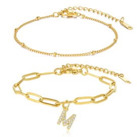 Candyfancy Dainty Gold Initial Bracelet Set - Layered Bracelets for Women, Delicate 2-Piece Set with Beaded and Letter Bracelet - Perfect for Stacking and Everyday Wear