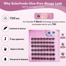ECHOVERDE Self Adhesive Eyelashes 10-14mm Lengths with D Curls Wispy Eyelashes. 48PCS Natural Volume Manga Lashes with 72h hold. Fairy Lash Clusters No Glue Needed.Reusable Self-adhesive Eyelashes