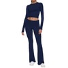 AnotherChill Women's 2 Piece Lounge Sets Fold-over Flare Pants Set Long Sleeve Cropped Top Casual Outfits Pajamas (Navy-Blue, Large)