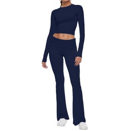 AnotherChill Women's 2 Piece Lounge Sets Fold-over Flare Pants Set Long Sleeve Cropped Top Casual Outfits Pajamas (Navy-Blue, Large)