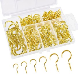 JSUOEO Ceiling Hook Cup, Pack of 130 Hooks Screw Hooks Stainless Steel Hook Screw Multi-Size Cup Hooks Ceiling Hooks Metal (Golden)