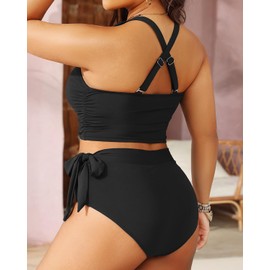 Tempt Me Plus Size Two Piece Swimsuits - Women High Waisted Bikini Scoop Neck Bathing Suit Swimwear Black 16 Plus