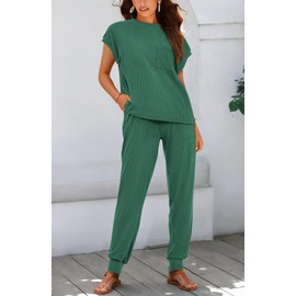 BTFBM Women's Summer 2 Piece Outfits 2024 Casual Tracksuit Short Sleeve T Shirts Long Pants Lounge Sets(Solid Dark Green,Small)