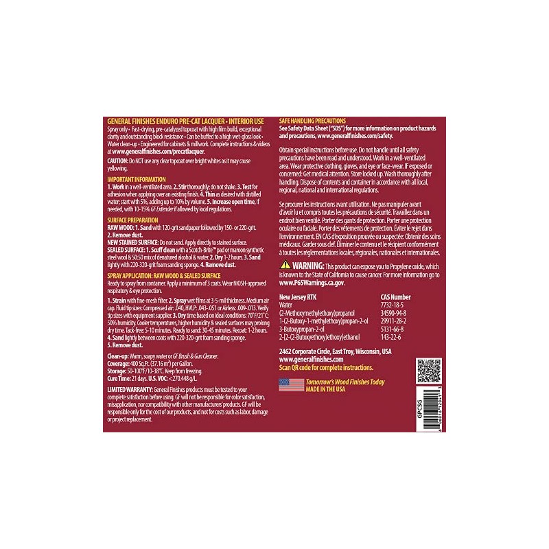 General Finishes Enduro Pre-Cat Lacquer, 1 Gallon, Semi-Gloss