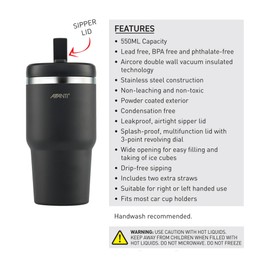 Avanti HydroQuench Stainless Steel Insulated Smoothie Tumbler with 2 Lids 550ml, Black