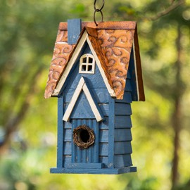 Glitzhome GH90096 Hanging Distressed Wooden Garden Cottage Birdhouse, Blue