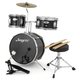 3 Piece Kids Drum Set with Cymbal, 2 Drumsticks, Pedal, 2 Tom,Beginner Junior Drum Kit with Throne Stool, Musical Instruments for Boys and Girls, Black