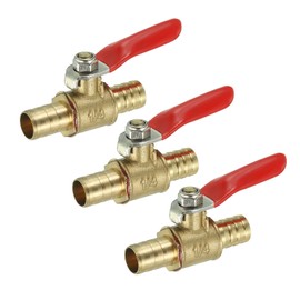 QUARKZMAN 3/8 Inch Mini Ball Valve Brass Shut-off Valve Switch Hose Barb Pipe Hose Fittings 90° Red Operation Handle Brass Valve Pack of 3