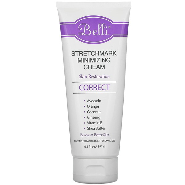 Belli Skincare Stretch Mark Cream for Pregnancy, Shea Butter & Coconut Body Moisturizer with Vitamin E, Paraben Free, Dermatologist Recommended, (6.5 Oz)