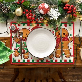 Artoid Mode Gingerbread Candy Cane Christmas Placemats Set of 6, 12x18 Inch Seasonal Table Mats for Party Kitchen Dining Decoration