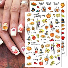 8 Sheets Thanksgiving Nail Decals 3D Self-Adhesive Autumn Pumpkins Nail Art Stickers Thanksgiving Maple Leaves Turkey Nail Art Decals Fall Maple Leaf Nail Stickers for Women Girls Nail Design Supply