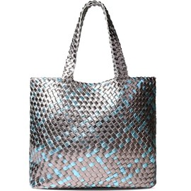 JINMANXUE Woven Tote Bag for Women, Large Summer Beach Travel Handbag and Purse Retro Handmade Shoulder Bags (Gun Multicolor)