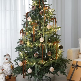 Syhood 38 Pcs Christmas Velvet Ornaments Decor Kit Include 18 Xmas Tree Ornaments Balls 18 Vintage Velvet Wreath Bows 5.5 Yard Ribbon for Holiday Tree Decor, Green and Brown, 3.15 Inches