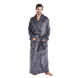 FashGudim Mens Robes Big and Tall Full Length Plush Fleece Long Robe for Men Bathrobe Shawl Collar Warm Winter House Robes (Grey,L/XL)
