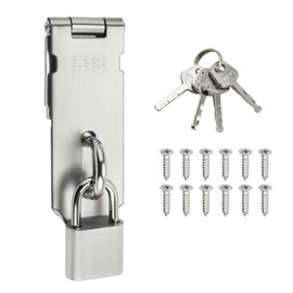 SAYAYO Shed Lock Hasp Door Lock with Padlock & 4 Keys, 4-Inch Heavy Duty Hasp and Staple Door Clasp Gate Latch, SUS304 Stainless Steel, Silver Brushed, EMST009-LS