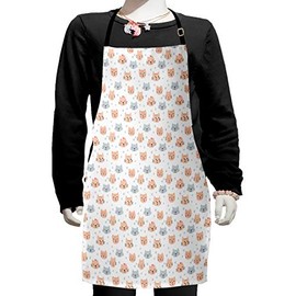 Ambesonne Cat Apron, Doodle Style Faces and Hearts Pet Theme, Small Apron Bib with Adjustable Ties for Baking Painting, Small Size, Peach Blue Grey