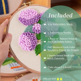 FONNUY Embroidery Kit for Beginners，3D Plants Flowers Pre-Stamped Pattern Kits Brightly Colored for Adults with Hoop (Hydrangea)