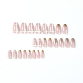 MERVF Coffin Press on Nails Medium Fake Nails Gold French Tip Ballerina Acrylic Nails with Glitter Designs 24pcs Pink Glossy Glue on Nails for Women
