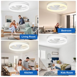 DLLT Modern Ceiling Fans with Lights: 20" Flush Mount Low Profile Ceiling Fan with APP Remote Control - White LED Bladeless Fandelier Dimmable Quiet DC Motor for Bedroom Living Room