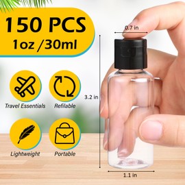 Mimorou 150 Pcs 1oz Travel Bottles Bulk for Toiletries Clear Small Travel Size Bottles Bulk Refillable Empty Containers for Shampoo Lotion Liquid Body Soap Cream Toiletries(Black Cap)
