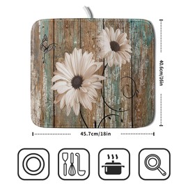 Giwawa Rustic Daisy Board Dish Drying Mat for Kitchen Countertop 16x18 inch Fall Sunflower on Wooden Plank Dish Drainer Mats Fast Drying Country Shabby Chic Vintage Kitchen Drying Decor