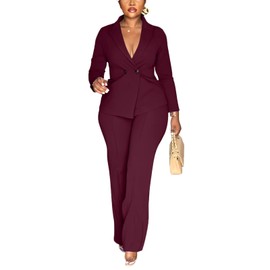 Kafiloe Women Double Breasted Blazer Pants Suit 2 Piece Outfits Casual Long Sleeve Blazer Set for Work Business Burgundy L