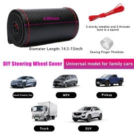 Ziciner Genuine Leather Steering Wheel Cover, Stitch on Wrap, Breathable Anti-Slip Car Steering Wheel Protector for Max Diameter 15 Inch, DIY Sewing with Needles Thread (Black/Red Line, Hole)