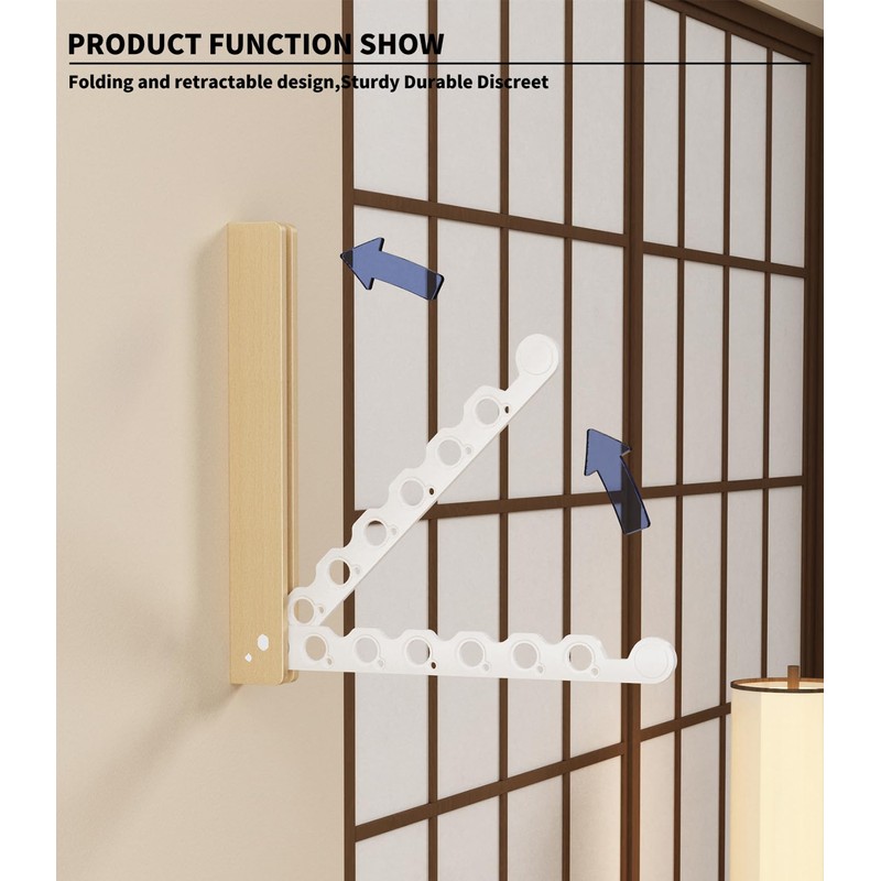 Natural Wood Folding Clothes Hanger Rack for Laundry Room, Wall
