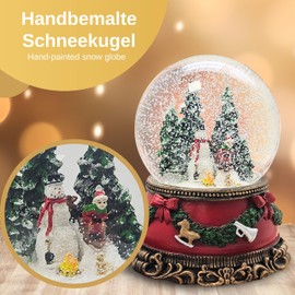 Snow globe snowman standing child on sleigh | base Christmas red fir garland | with music box | shaking ball Christmas decoration | W: 10 cm H: 14 cm | 20259