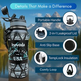 Inovoda National Parks Water Bottle With Waterproof stickers, 32oz LeakProof Stainless Steel Insulated Bottle, Suitable For Hiking, Camping & National Parks Gifts (Black)