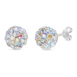 Devin Rose Sterling Silver Aurore Boreale Crystal Ball Stud Earrings for Women White 8mm