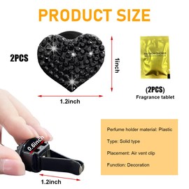 Sylvil 2 PCS Bling Car Air Vent Clip, Cute Heart Shaped Crystal Air Conditioning Outlet Clip, Air Fresheners Diffuser Clip Charm, Interior Decor Car Accessories For Women Girl (Black)