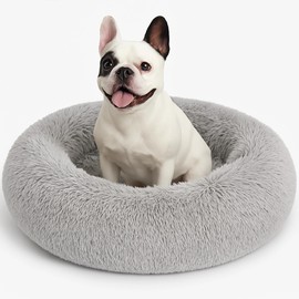 SEOUGEE Calming Donut Dog Bed, Fluffy Plush Round Cat Bed, Cosy Soft Washable Cushion Warming Pet Beds with Non-Slip Bottom, Indoor Sleeping Cuddler Nest for Small Dogs Cats (Grey 50cm)