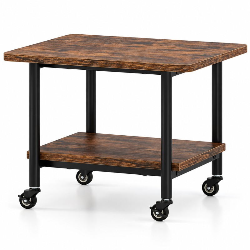 2 Tier Rolling Under Desk Printer Stand, 19.5 Inch Rustic