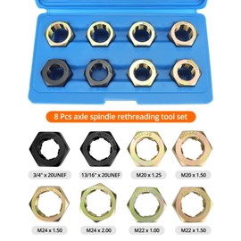 QWORK Axle Spindle Rethreading Tool Set, 8 Die Sizes, Compatible with 1-1/4" Socket/Wrench, for Vehicle Axle Thread Repair & Maintenance, Durable Storage Case