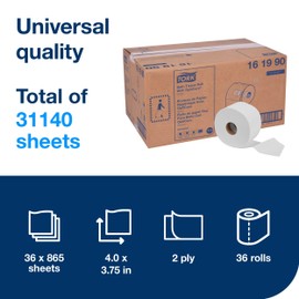 Tork OptiCore Mid-size Toilet Paper Roll White T11, Universal, 2-ply, 36 x 865 sheets, 161990