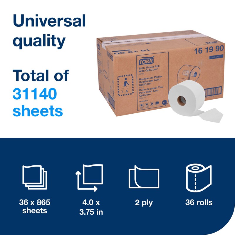 Tork OptiCore Mid-size Toilet Paper Roll White T11, Universal, 2-ply,