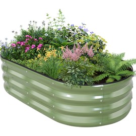 BIRDSINYARD Galvanized Raised Garden Bed Outdoor - 4×2×1ft Planter Raised Beds for Gardening | Oval Metal Garden Planter Box with Safety Edging and Gloves for Vegetables Fruits and Flowers OliveGreen